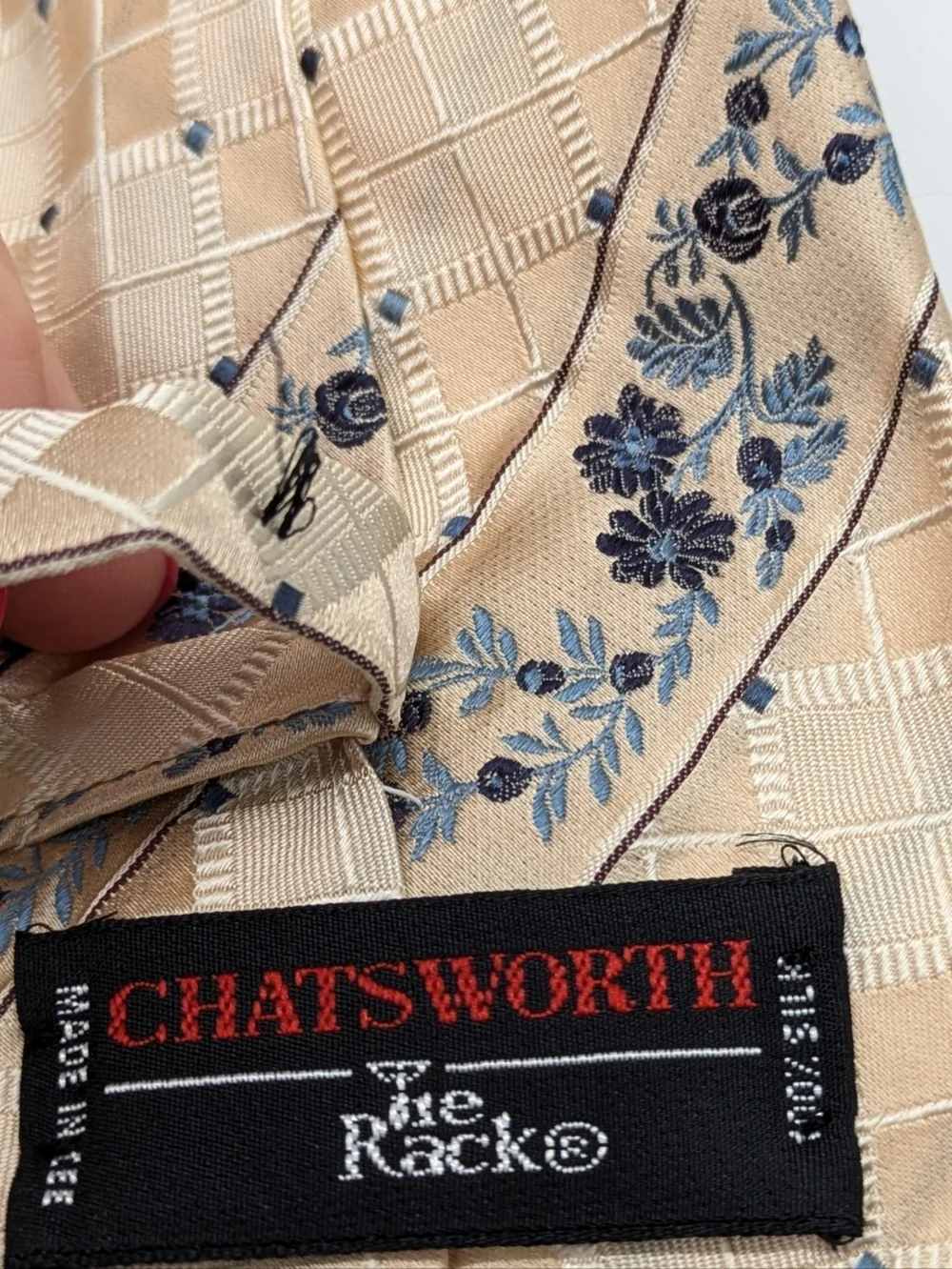 Vintage Chatsworth Cream Blue Floral Striped Silk Tie